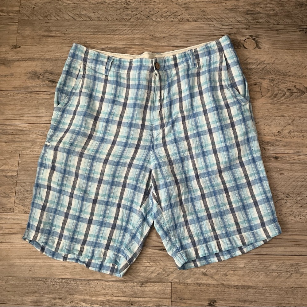 Tommy Bahama Men’s Blue & Turquoise Plaid 100% Linen Shorts